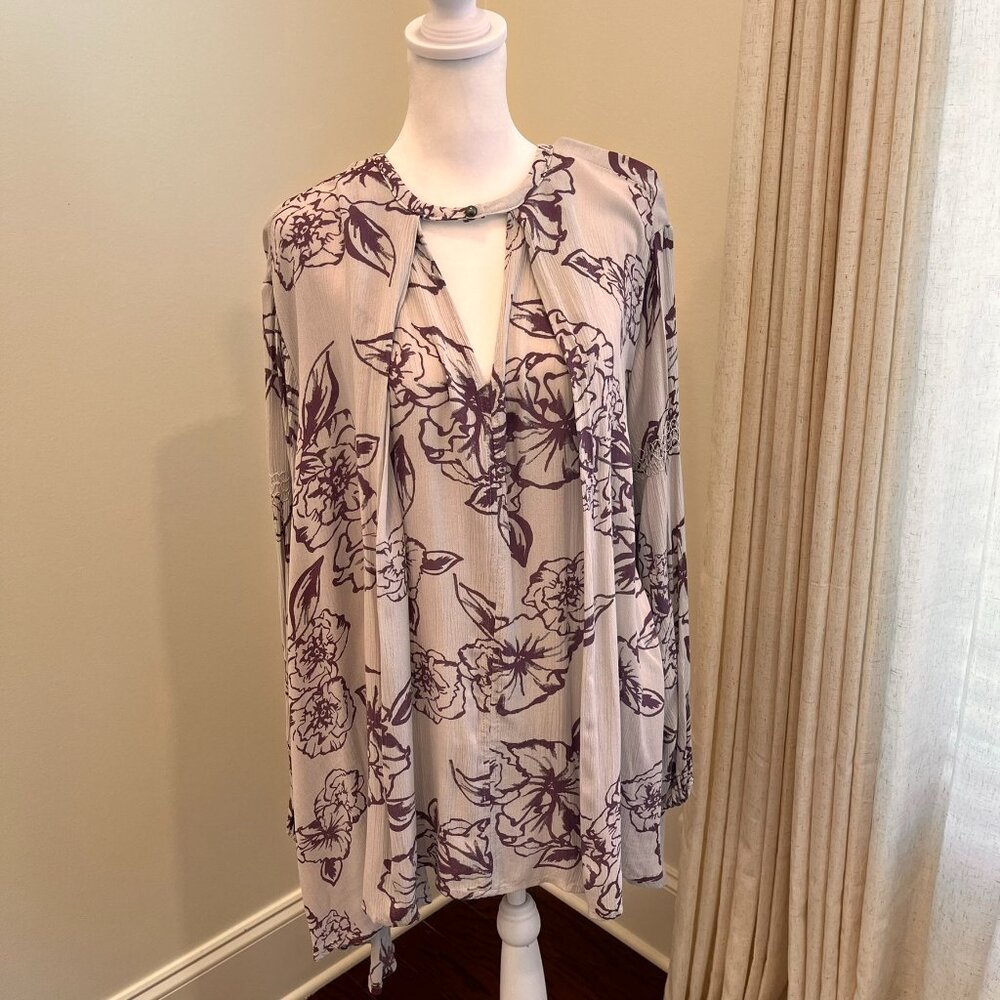 Free People Women XS Oversized‎ Boho Tunic Keyhole Purple Cream Crepe Festival